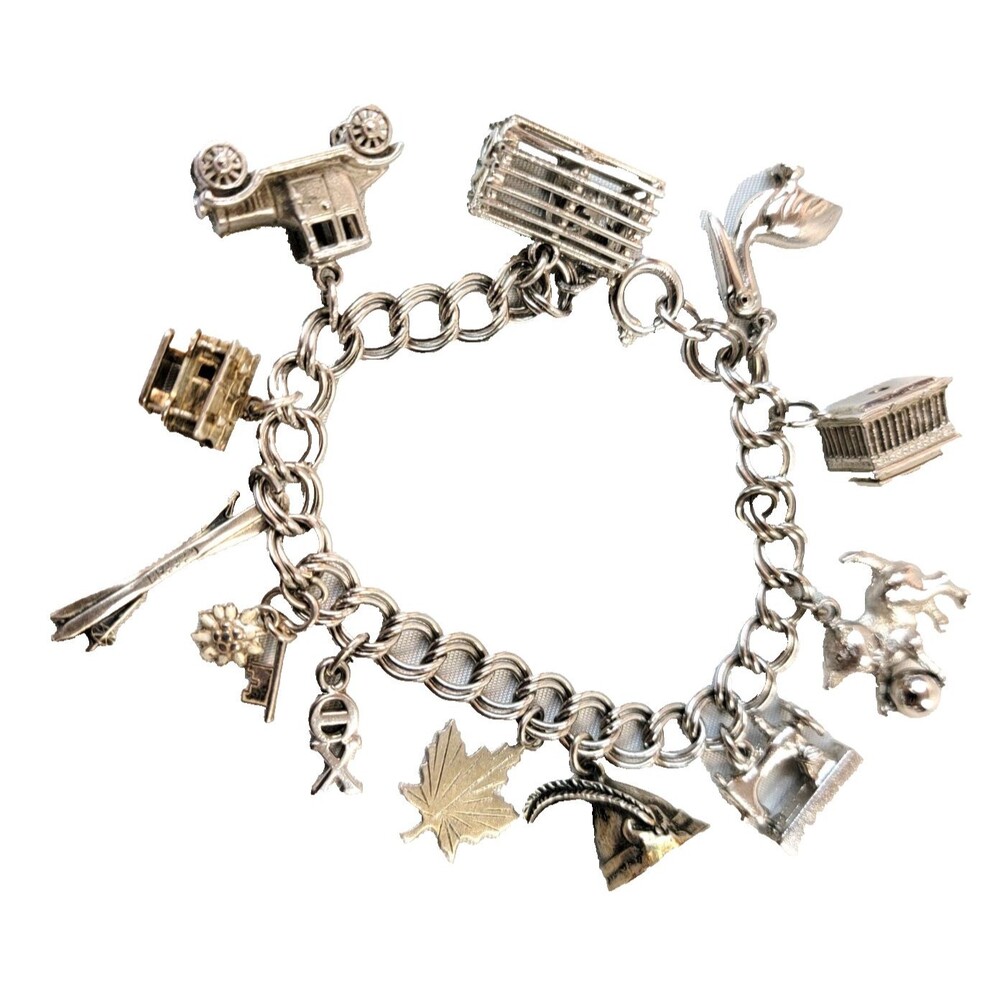 Vtg 925 JMS Sterling Silver Assorted 13 Charm Chain Bracelet 44.4 grms